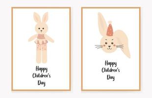 jeu de cartes d'invitation pour les enfants avec des lièvres et un lapin. félicitation. illustration vectorielle. vecteur