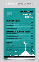 modèle de menu burger vert au mois de ramadan avec un design de mosquée silhouette. vecteur