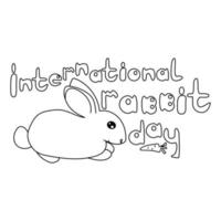 journée internationale du lapin, image de contour d'un petit lapin et d'une carotte, inscription thématique en lettres volumétriques, page de coloriage banny day vecteur