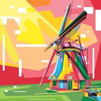 coloré le moulin à vent au style wpap du village vecteur