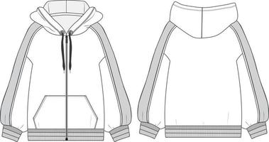 modèle de vecteur de croquis plat de mode technique à capuche. illustration de sweat-shirt à capuche en tissu molletonné de coton maquette à l'avant, vues de dos. vêtements outwear pull hommes, unisexe top cad.