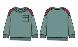 sweat-shirt à manches longues avec poche mode technique croquis plat illustration vectorielle modèle de couleur verte vues avant et arrière isolées sur fond blanc. vecteur