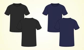 t-shirt à manches courtes coupe standard mode technique croquis plat illustration vectorielle noir, modèle de couleur marine vue avant et arrière. vecteur