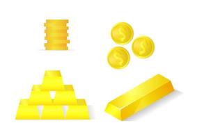 ensemble de lingots d'or collés et de pièces d'or vecteur