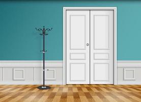 porte blanche fermée avec lanterne et parquet en bois isolé sur fond de mur bleu