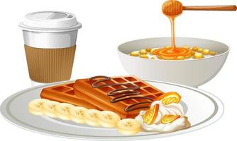 petit-déjeuner avec bol de céréales gaufrées et café vecteur