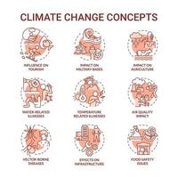 changement climatique, concept rouge, icônes, ensemble vecteur