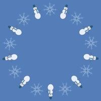 cadre rond avec bonhommes de neige et flocons de neige sur fond bleu. image vectorielle. vecteur