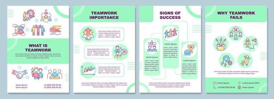 modèle de brochure verte de travail d'équipe. échecs et succès. conception d'impression de livret avec des icônes linéaires. mises en page vectorielles pour la présentation, les rapports annuels, les publicités. arial-black, une myriade de polices pro-régulières utilisées vecteur