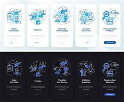 le public parle de l'écran de l'application mobile d'intégration en mode nuit et jour. conseils pas à pas pages d'instructions graphiques en 5 étapes avec des concepts linéaires. ui, ux, modèle d'interface graphique. une myriade de polices pro-gras régulières utilisées vecteur