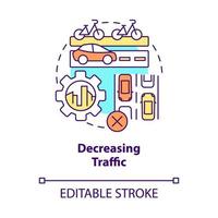 icône de concept de trafic décroissant. partage de scooter avantage illustration de ligne mince idée abstraite. infrastructures adaptées aux cyclistes. mobilité intelligente. dessin de couleur de contour isolé de vecteur. trait modifiable vecteur