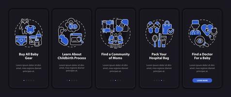 préparation à l'écran de la page de l'application mobile d'intégration du nouveau-né. trouver des instructions graphiques en 5 étapes pour pédiatre avec des concepts. modèle vectoriel ui, ux, gui avec illustrations linéaires en mode nuit