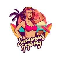 emblème de fille de vacances d'été version coucher de soleil