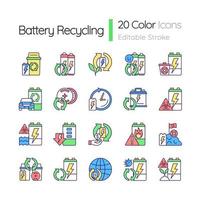 ensemble d'icônes de couleur rvb de recyclage de batterie. réutilisation des accumulateurs déchargés. traitement des déchets électroniques. activité écologique. illustrations vectorielles isolées. collection de dessins au trait remplis simples vecteur