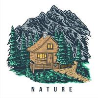 maison en bois dans le logo d'illustration de montagne vecteur