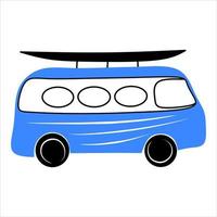 Mini van rétro bleu avec planche de surf vecteur