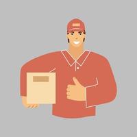 livreur avec une boîte à la main. un coursier en uniforme rouge. illustration vectorielle. vecteur
