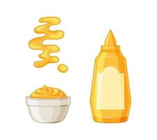 moutarde. bouteille de sauce à la moutarde américaine chaude, bol, cuillère, éclaboussures. posé sur un fond blanc. illustration vectorielle vecteur