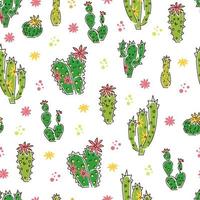 différents cactus et fleurs motif sans couture sur fond blanc. fond de vecteur avec des plantes vertes du désert.