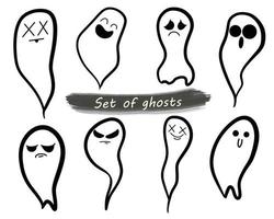 ensemble de doodle de fantômes. ensemble de fantômes en tissu. fantômes volants. monstres fantomatiques effrayants d'halloween. personnages effrayants de dessin animé mignon. vecteur
