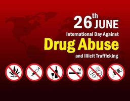 26 juin. bannière de la journée internationale contre l'abus de drogues et le trafic illicite. vecteur. vecteur