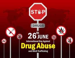 26 juin. bannière de la journée internationale contre l'abus de drogues et le trafic illicite. vecteur. vecteur