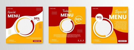 modèle de nourriture de médias sociaux, modèle de publication de médias sociaux de restaurant, avec combinaison de couleurs rouge, orange et blanc vecteur
