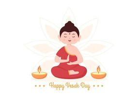 célébration de la journée vesak avec silhouette de temple, décoration de fleur de lotus, lanterne ou personne de bouddha en illustration de fond de dessin animé plat pour carte de voeux