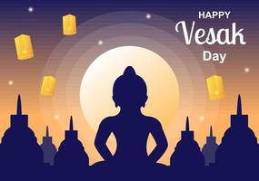 célébration de la journée vesak avec silhouette de temple, décoration de fleur de lotus, lanterne ou personne de bouddha en illustration de fond de dessin animé plat pour carte de voeux