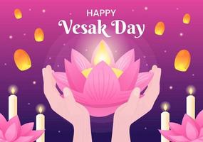 célébration de la journée vesak avec décoration de silhouette de temple, de lanterne ou de fleur de lotus en illustration de fond de dessin animé plat pour carte de voeux ou affiche