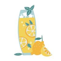 un long verre de limonade avec des tranches de citron et des feuilles de menthe. illustration vectorielle plane dessinée à la main isolée pour la publicité de bar ou pour une affiche d'été vecteur