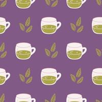 thé vert matcha dans une tasse en verre avec des feuilles, motif vectoriel sans couture