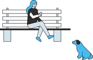 la fille est assise sur le banc en utilisant son téléphone portable. vecteur