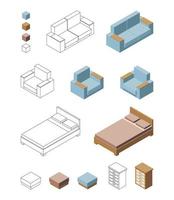 illustration isométrique vectorielle, éléments d'intérieur. icônes de meubles 3d pour salon, chambre à coucher. ensemble de fauteuils, canapés, lits vecteur