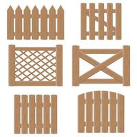 un ensemble de portes et de clôtures en bois faites de planches de différents modèles, illustration vectorielle en style cartoon