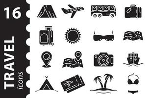 jeu d'icônes de voyage. pictogramme tourisme, voyage. collection de symboles vectoriels de glyphe noir. vecteur