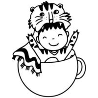 mignon petit enfant garçon heureux portant un costume de tigre assis sur une tasse de thé illustration d'art doodle dessiné à la main. vecteur