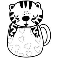 tigre mignon dans une tasse à café, illustration d'art de doodle dessinés à la main de tasse de thé. vecteur