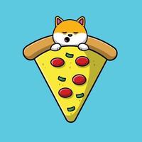 mignon shiba inu dormant sur l'illustration d'icône de vecteur de dessin animé de pizza. concept d'icône d'aliments pour animaux isolé vecteur premium.