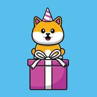 mignon shiba inu assis sur l'illustration d'icône de vecteur de dessin animé de cadeau d'anniversaire. concept d'icône animale isolé vecteur premium.
