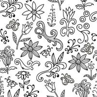 motif floral doodle sans couture avec fleurs et tourbillons, insectes et papillons. texture botanique sans soudure. fleurs détaillées dessinées à la main. motif floral dans un style doodle, arrière-plan. vecteur