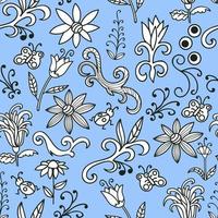 motif floral doodle sans couture avec fleurs et tourbillons, insectes et papillons. texture botanique sans soudure. fleurs détaillées dessinées à la main. motif floral dans un style doodle, arrière-plan. vecteur