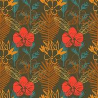 motif tropical harmonieux dessiné à la main avec frangipanier, feuilles de palmier, fleur d'orchidée. forêt de jungle avec des fleurs paradisiaques, fond coloré floral naturel. vecteur