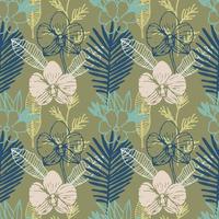 motif tropical harmonieux dessiné à la main avec frangipanier, feuilles de palmier, fleur d'orchidée. forêt de jungle avec des fleurs paradisiaques, fond coloré floral naturel. vecteur