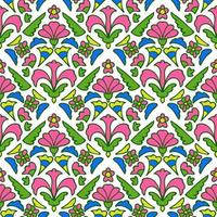 motif damassé floral coloré à fines lignes avec fleurs fantaisie, feuilles. vecteur