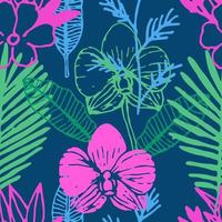 motif tropical harmonieux de frangipanier, feuilles de palmier, fleur d'orchidée. fond coloré floral. vecteur