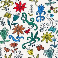 motif harmonieux de doodle floral brillant avec fleurs, tourbillons, insectes, papillons. texture botanique sans couture, fleurs détaillées dessinées à la main. motif naturel dans le style doodle, fond d'été. vecteur