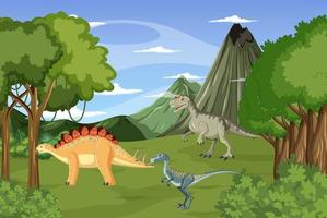 scène de la nature avec des arbres sur les montagnes avec dinosaure vecteur