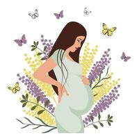 belle femme enceinte sur fond de fleurs sauvages et de papillons volants. concept de bonheur de maternité. illustration, clipart, vecteur.