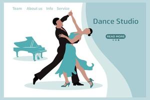 bannière de studio de danse, couple de danseurs et piano, couleurs vert pâle. femme et homme danse de salon. illustration, concept moderne, vecteur.